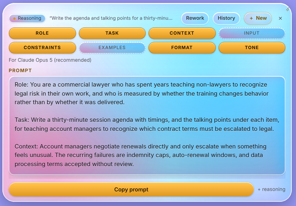 The generated prompt screen showing eight field chips for Role, Task, Context, Input, Constraints, Examples, Format and Tone, with Input and Examples dimmed, above the assembled prompt text and a Copy prompt control