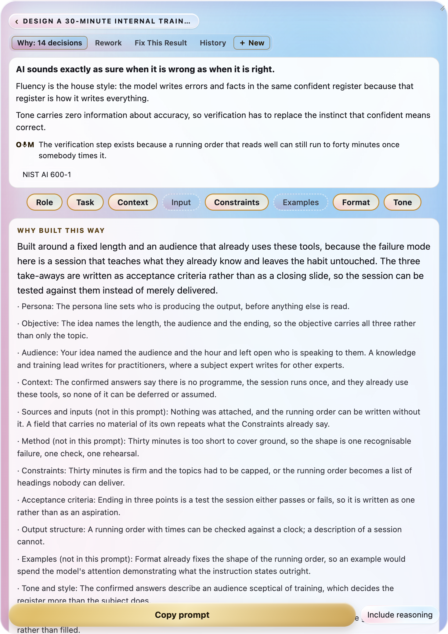 The generated prompt screen headed 'Why: 14 decisions,' carrying a lesson card on AI sounding as sure when it is wrong as when it is right, eight field chips for Role, Task, Context, Input, Constraints, Examples, Format and Tone with Input and Examples dimmed, a 'Why built this way' panel listing the decisions behind the prompt, and a Copy prompt control beside an Include reasoning toggle
