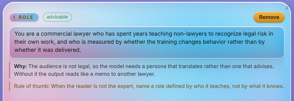 The Role field marked advisable, showing the drafted role text, a Why explanation written for this input, and a rule of thumb about naming a role by who it teaches