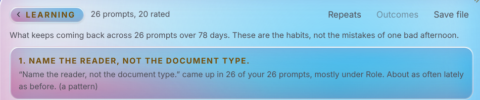 The Learning view header showing 26 prompts and 20 rated across 78 days, with the first ranked rule of thumb about naming the reader rather than the document type