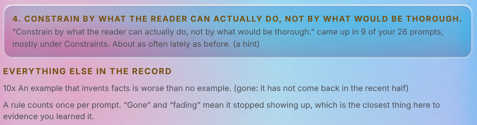Lower in the Learning view, the fourth ranked rule about constraining by what the reader can do, followed by the rest of the record including an entry marked gone