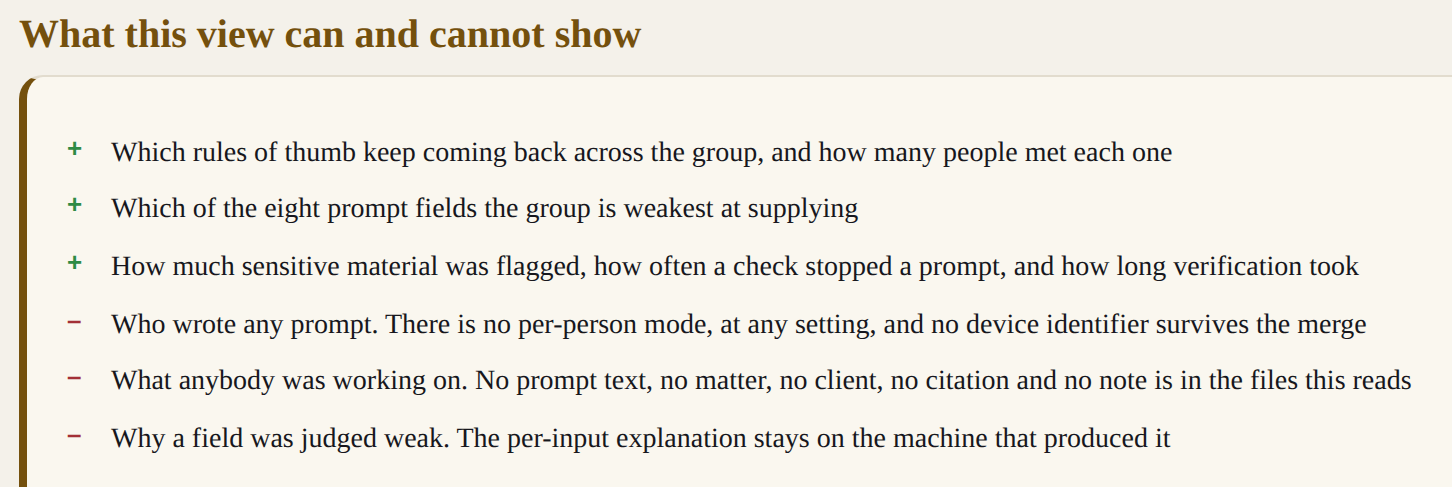 The merged enterprise report page headed 'What this view can and cannot show,' listing three things the view reports and three things it cannot, including who wrote any prompt and what anybody was working on