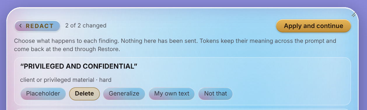 The Redact screen showing two of two findings changed, a note that nothing has been sent and that tokens keep their meaning and come back through Restore, and per-finding choices of Placeholder, Delete, Generalize, My own text and Not that
