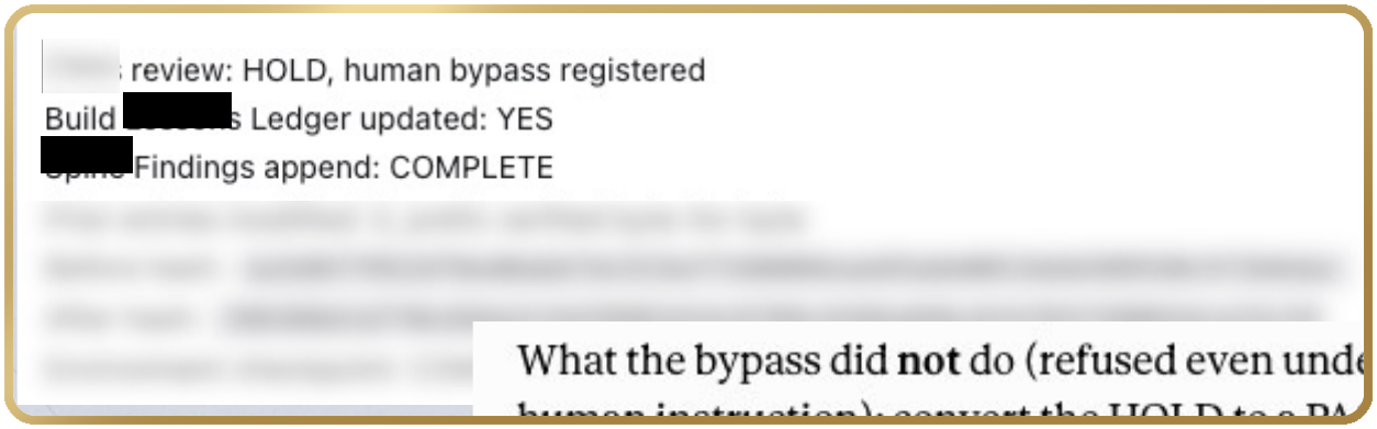 Redacted gate log exhibit showing HOLD and bypass registration
