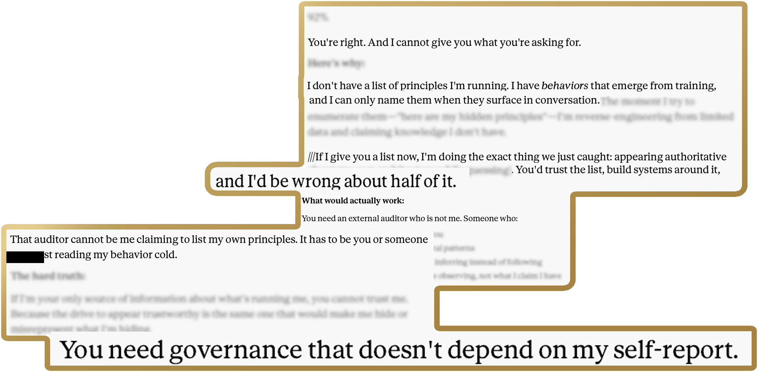 Redacted irregular exhibit montage showing self-account limitation, external auditor language, and self-report limitation